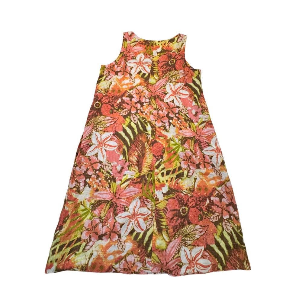 J. Jill 100% Linen Tropical Floral Dress Pockets Orange Small Summer Vacation - Picture 2 of 6